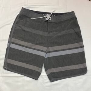 Hang Ten Board Shorts Swim Trunks Surf Gray Striped Size 34 Embroidered Logo